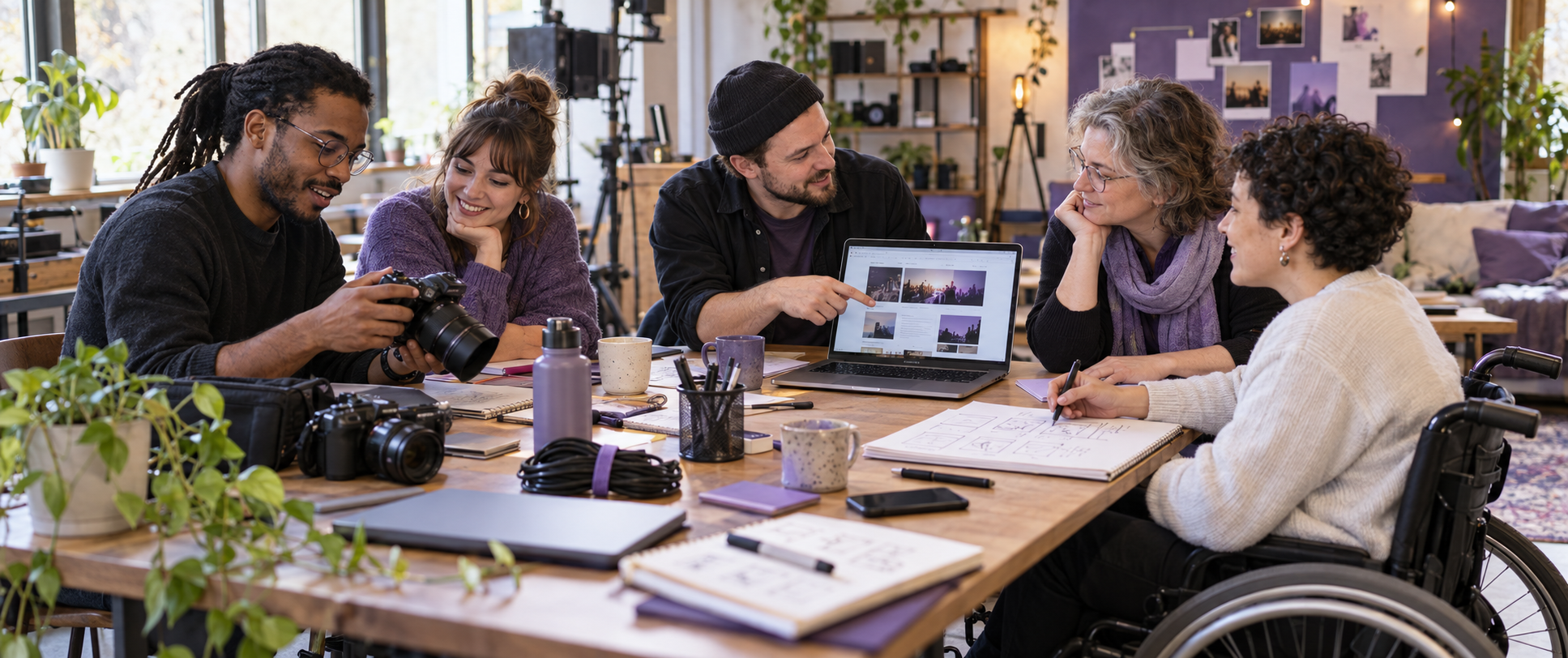 Een diverse groep mensen werkt samen aan creatieve ideeën, met een camera, laptop en schetsen op tafel.