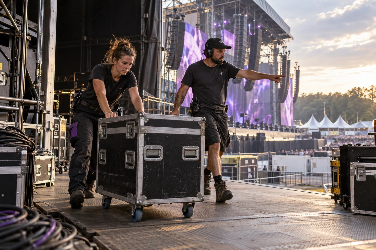 Festivalcrew verplaatst materiaal achter de schermen van een groot outdoorfestival.