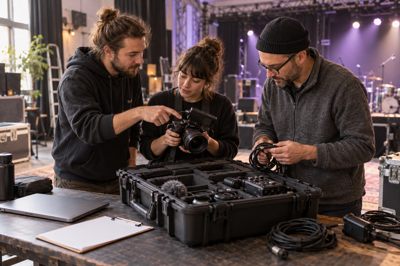 Drie mensen bekijken samen camera- en geluidsmateriaal in een creatieve werkruimte.