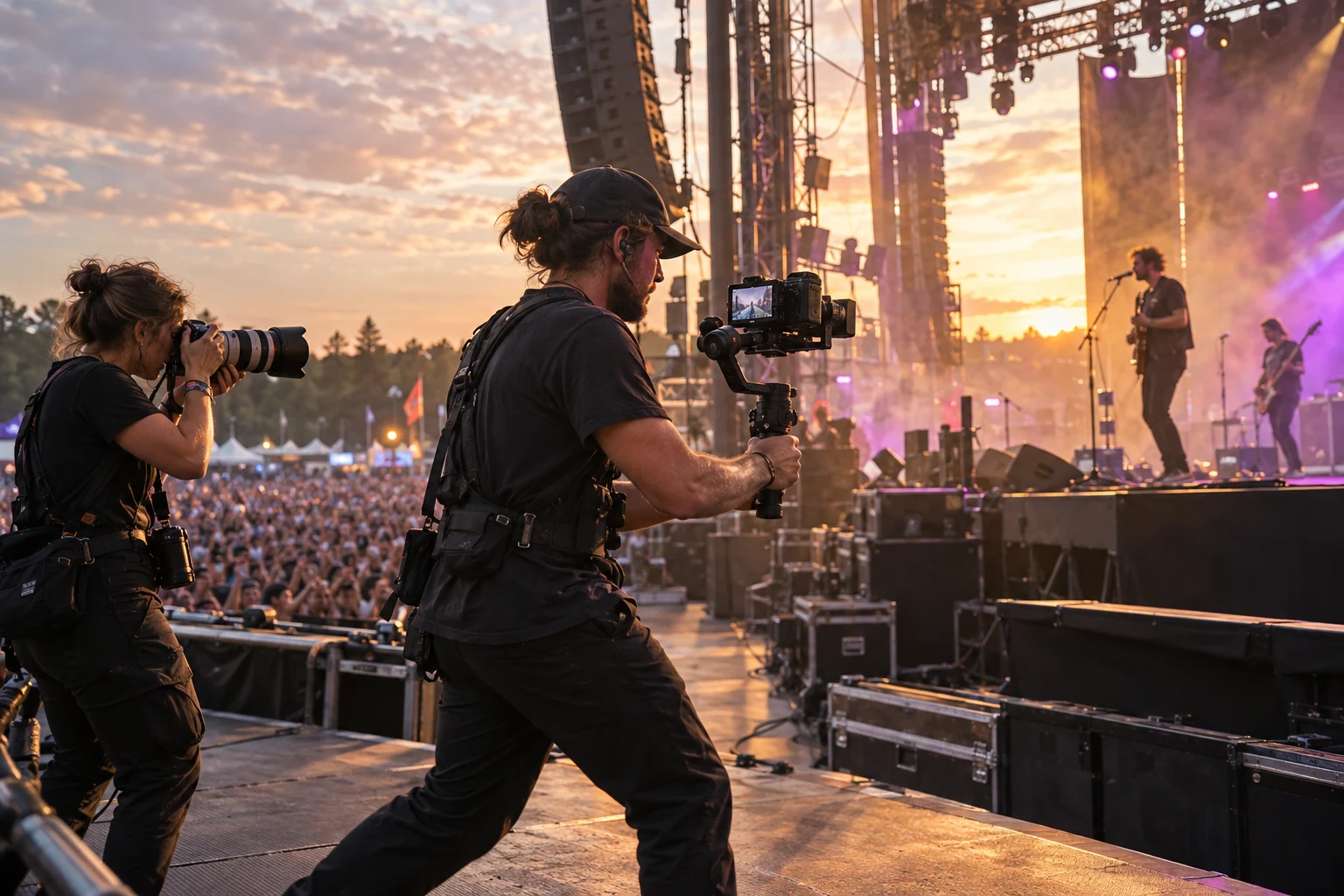 Videograaf en fotograaf aan het werk op een festival.