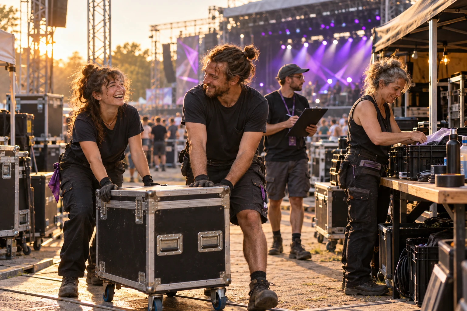 Vrijwilligers werken samen aan de voorbereiding van een festival.