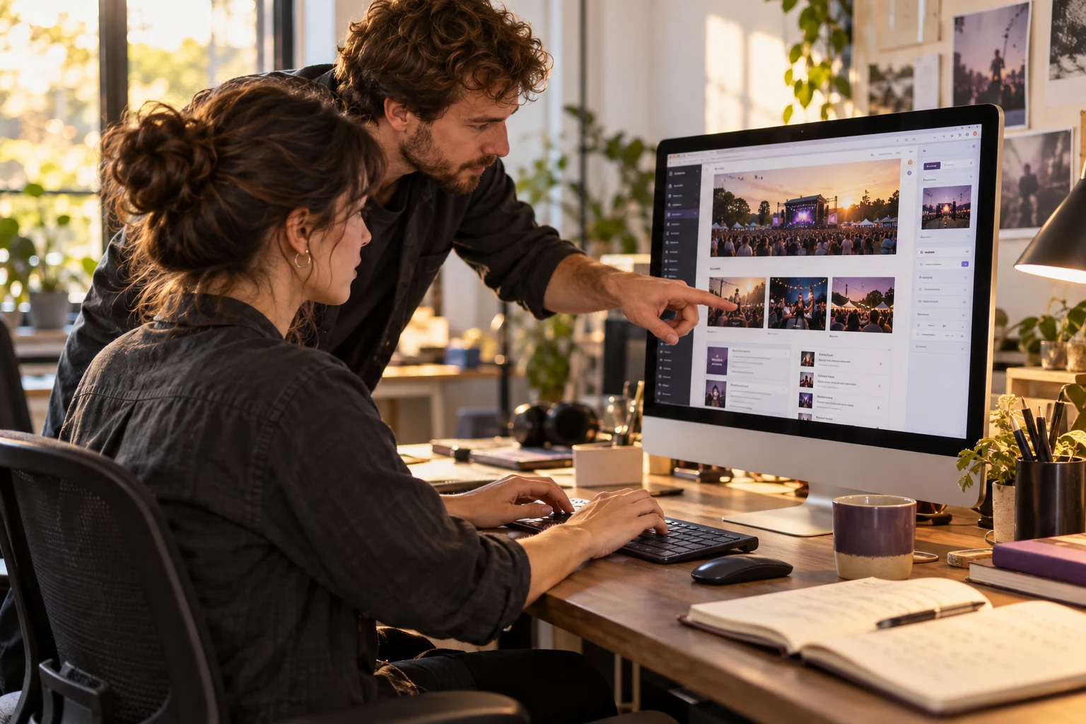 Twee mensen werken samen aan de inhoud van een festivalwebsite.